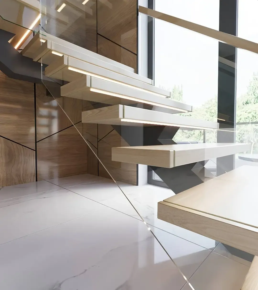 Glass tread staircase installation with mounting hardware visible