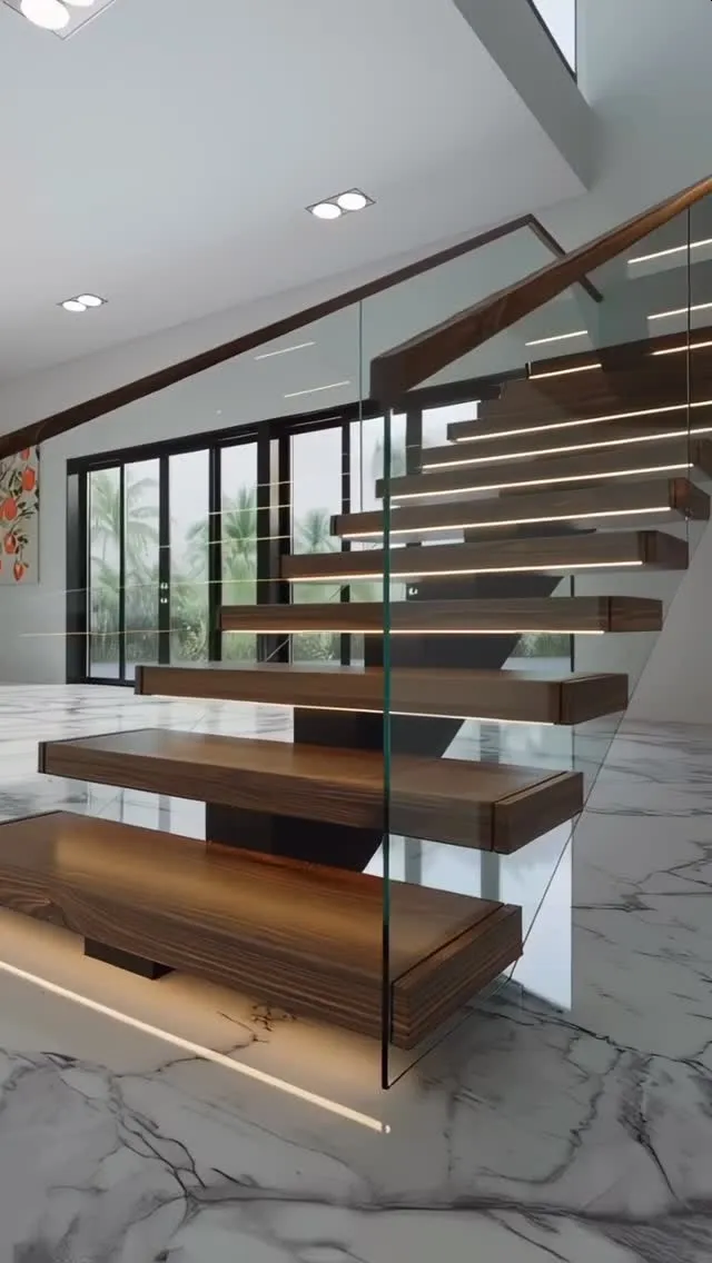 Hardwood stair treads installed on a floating stair structure