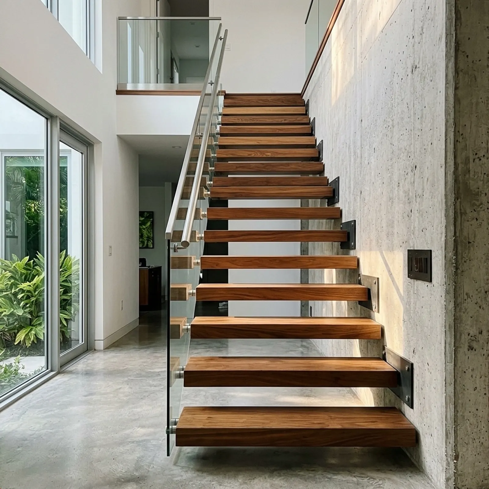Completed floating staircase with warm wood treads and hidden structural supports