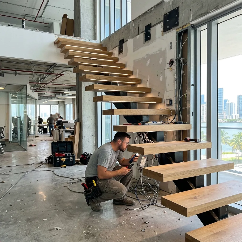 LED stair lighting installation with low-voltage wiring in progress