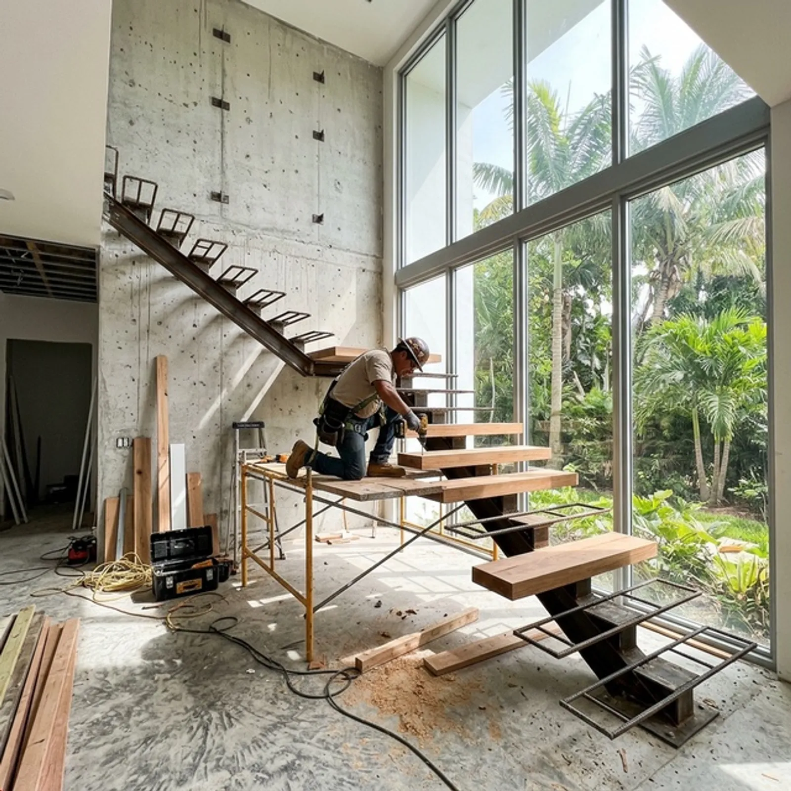 Floating stair installation in progress inside a modern Florida home