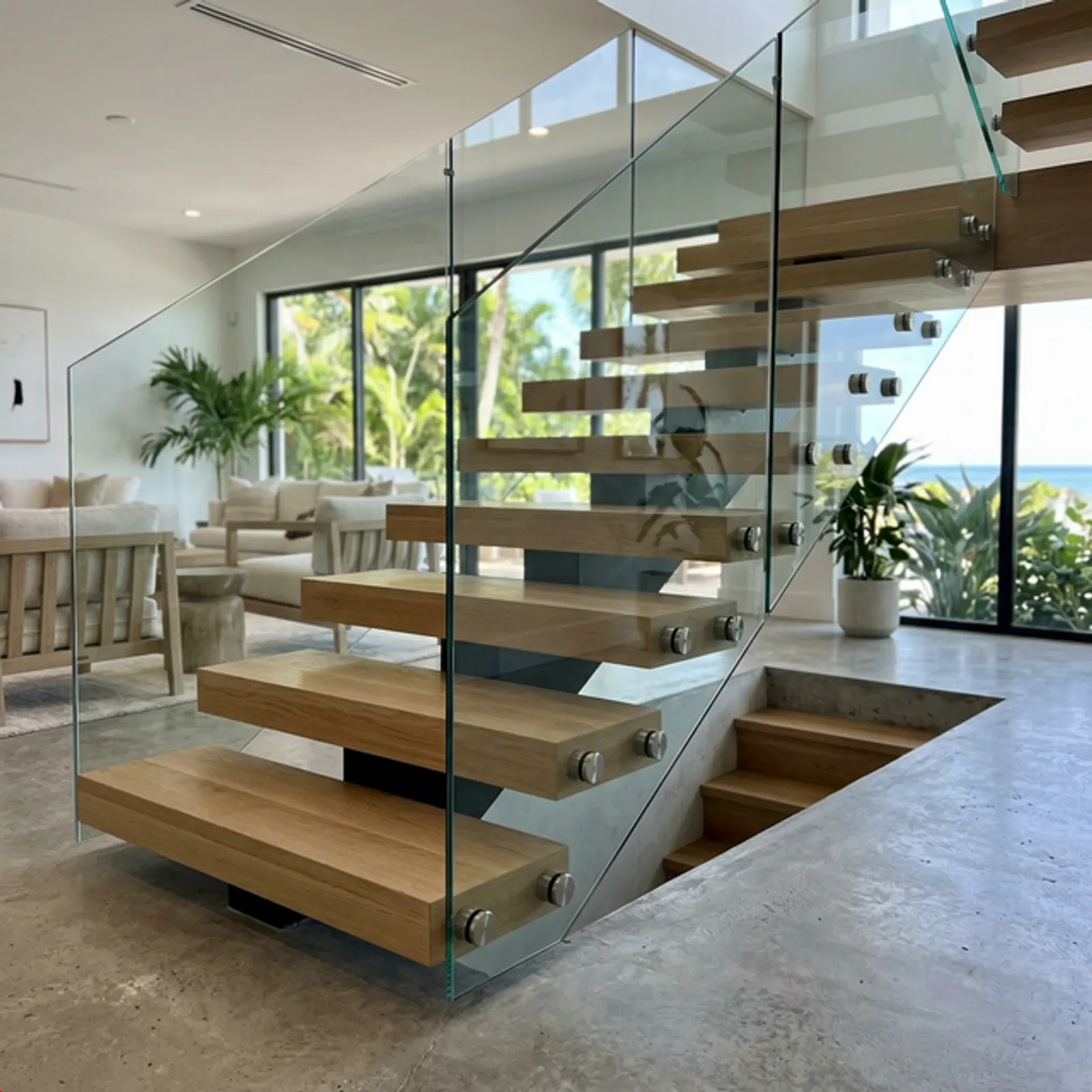 Glass railing system paired with a floating stair to keep sightlines open